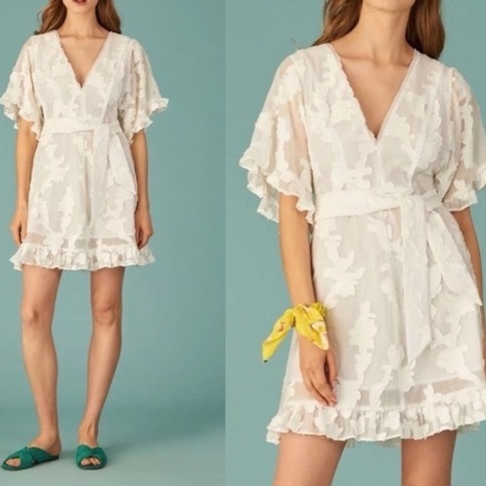 Tanya Taylor White Floral Fil Coupe V-Neck Ruffle Mini Dress Belted Medium zz
